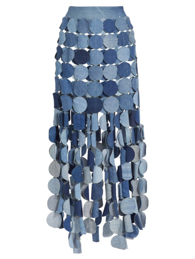 Shop A.w.a.k.e. Women's Circle Denim Fringe Maxi Skirt In Blue Denim