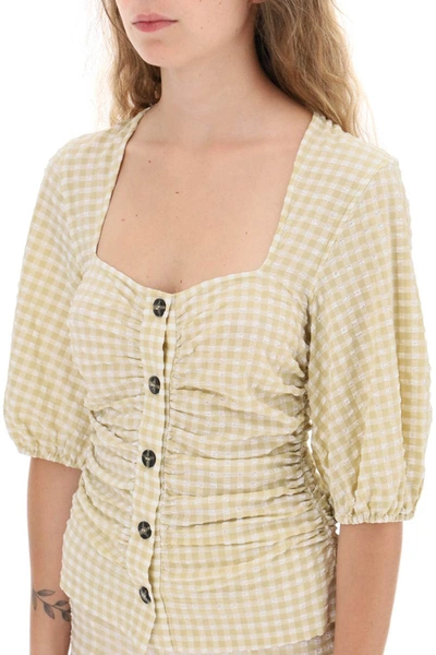 Shop Ganni Gathered Blouse With Gingham Motif In Multicolor