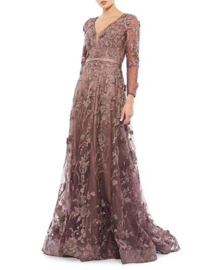 Shop Mac Duggal Women's Sequined Long-sleeve Gown In Chocolate