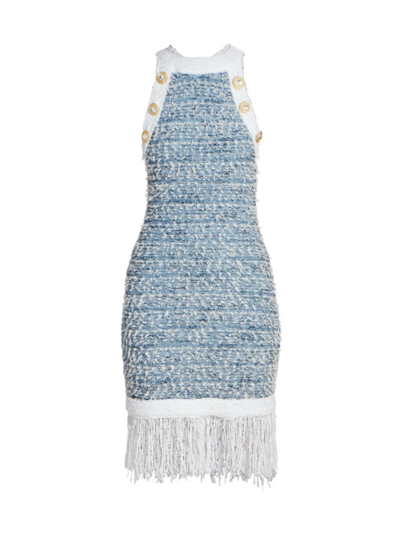 Shop Balmain Women's Tweed Button Fringe Minidress In White Blue
