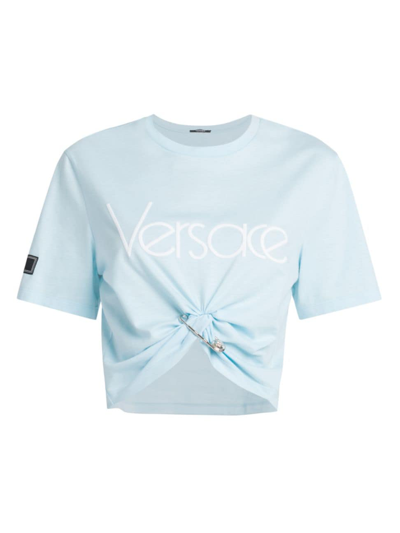 Shop Versace Women's Graphic Logo Jersey Crop Tee In Pale Blue Bianco