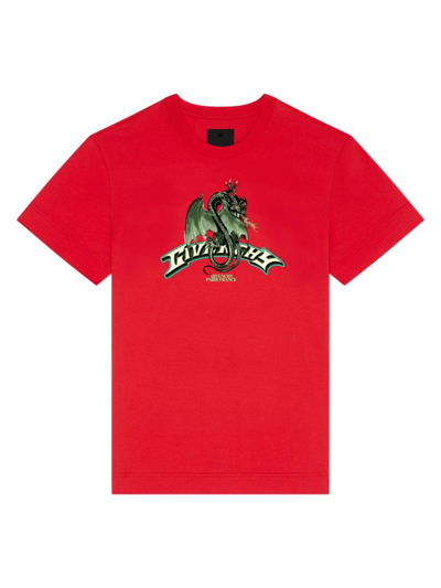 Shop Givenchy Men's Slim Fit T-shirt In Cotton With Dragon Print In Red
