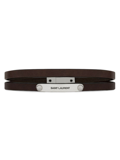 Shop Saint Laurent Women's Double-wrap Id Bracelet In Leather In Brown And Oxidized Silver