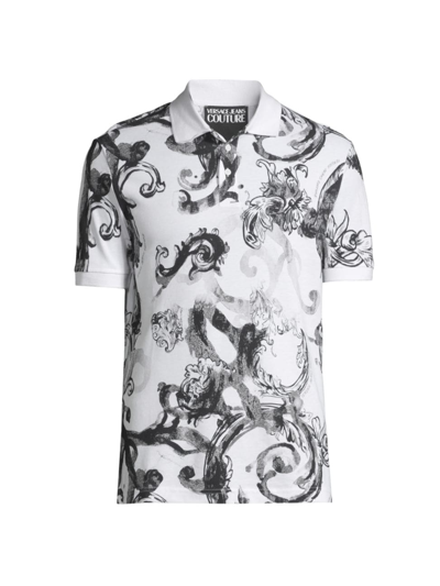 Shop Versace Men's Graphic Cotton Polo Shirt In White