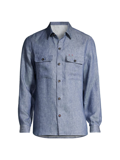 Shop Isaia Men's Denim-effect Linen Button-front Overshirt In Blue