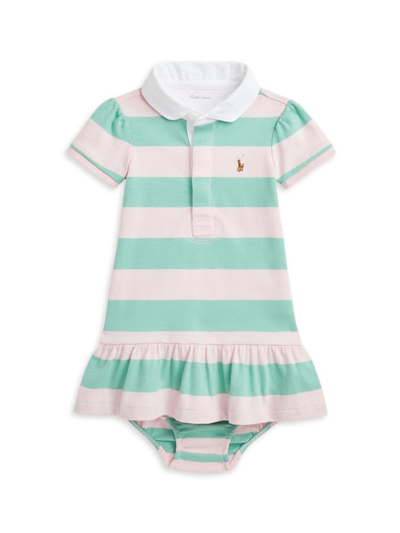Shop Polo Ralph Lauren Baby Girl's Striped Polo Shirtdress & Bloomers Set In Celadon Hint Of Pink