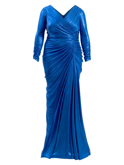 Shop Tadashi Shoji Women's Plus Metallic Jersey Gathered Gown In Pacific Blue