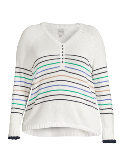 Shop Nic + Zoe, Plus Size Women's Maritime Striped V-neck Sweater In Cream Multi