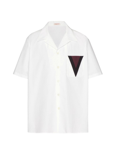 Shop Valentino Men's Cotton Bowling Shirt With Inlaid V Detail In White