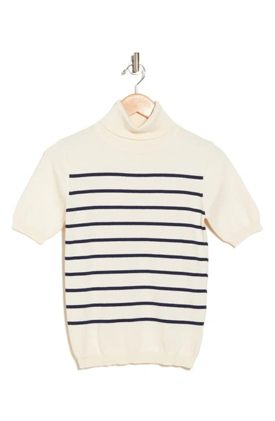 Shop Vigoss Stripe Short Sleeve Cotton Turtleneck Sweater In Creme