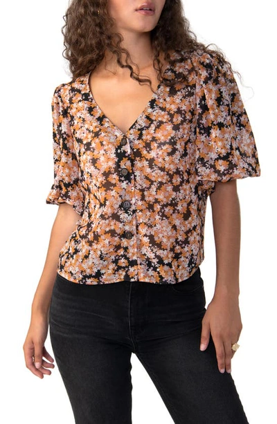 Shop Sanctuary Floral Print Puff Sleeve Button-up Shirt In Harvest