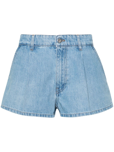 Shop Miu Miu Pleated Denim Shorts In Blue