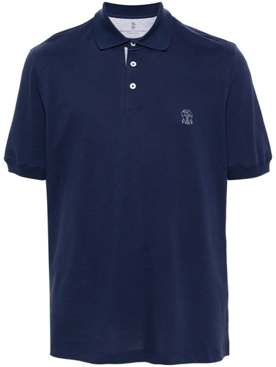Shop Brunello Cucinelli Piqué Polo Shirt With Print In Blue