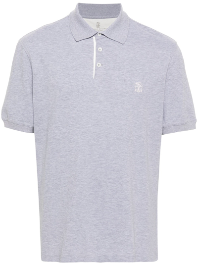Shop Brunello Cucinelli Piqué Polo Shirt With Print In Grey