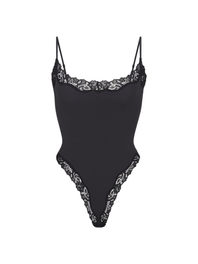 Skims Fits Everybody Lace-trimmed Stretch-jersey Thong Bodysuit In Onyx
