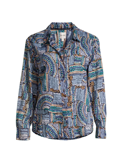 Shop Nic+zoe Petites Women's Petite Mosaic Crinkle Cotton Button-front Shirt In Blue Multi