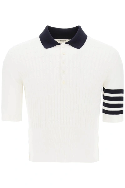 Shop Thom Browne Placed Baby Cable 4 Bar Cotton Polo Sweater In White