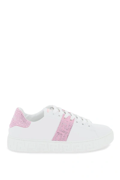 Shop Versace Greca Sneakers With Crystals In White, Pink