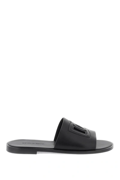 Shop Dolce & Gabbana Leather Slides With Dg Cut Out In Black