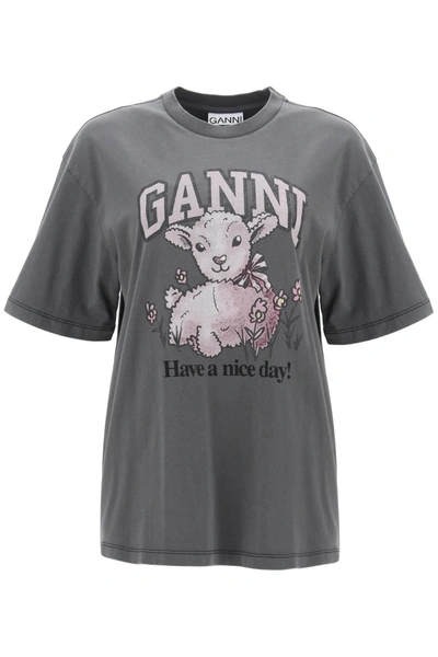 Shop Ganni T Shirt With Graphic Print In Grey