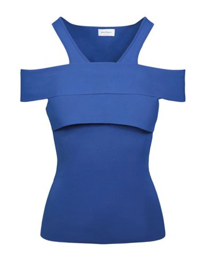 Shop Ferragamo Off The Shoulder Two-piece Knit Top Woman Top Blue Size L Rayon, Polyester, Polyamide