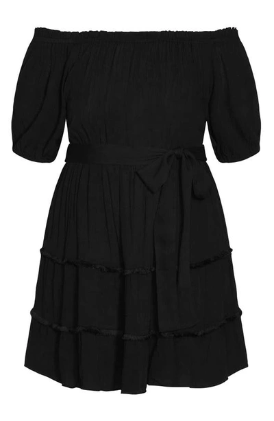 City Chic Fiesta Fringe Off The Shoulder Dress In Black