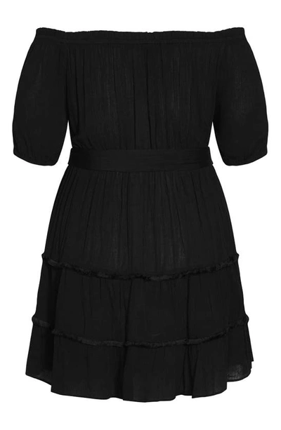 City Chic Fiesta Fringe Off The Shoulder Dress In Black