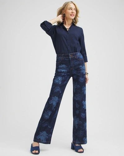 Shop Chico's Floral Laser Print Trouser Jeans In Dark Wash Denim Size 16p/18p |