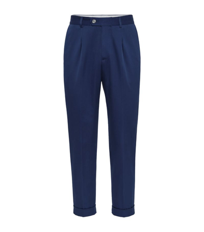 Shop Brunello Cucinelli Cotton-blend Pleated Trousers In Blue