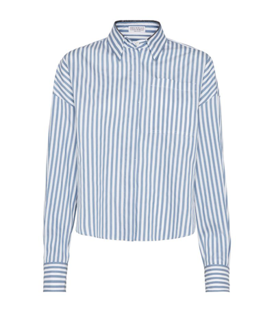 Shop Brunello Cucinelli Cotton-silk Striped Monili Shirt In Blue
