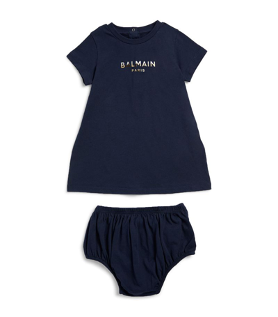 Shop Balmain Logo T-shirt Dress And Bloomers Set (6-36 Months) In Blue