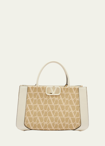 Shop Valentino Medium Vlogo Iconographe Raffia Tote Bag In Naturale Ivory