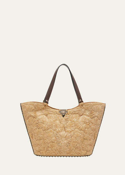 Shop Valentino Garden Flower Rockstud Straw Tote Bag In Tabacco Cacao