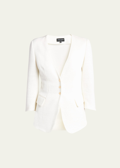 Shop Giorgio Armani Snap Button Three-quarter-sleeve Viscose Blazer In Solid White