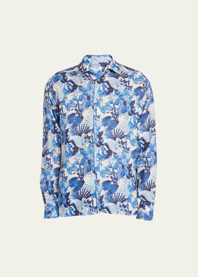 Shop Kiton Men's Cotton Floral-print Casual Button-down Shirt In Blu