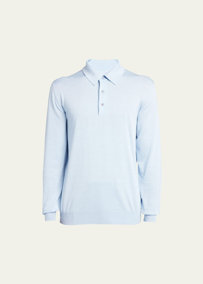 Shop Kiton Men's Silk-cashmere Blend Polo Sweater In Lt Blu