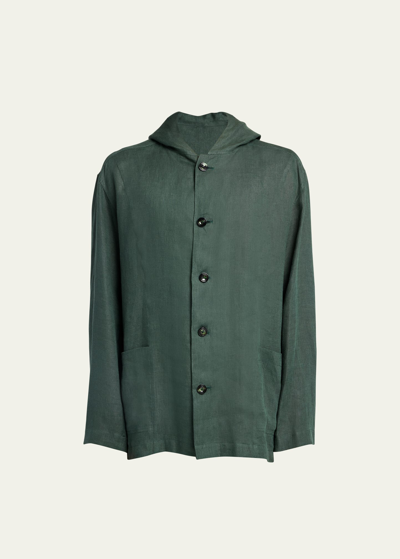 Shop Kiton Men's Linen Hooded Shirt Jacket In Grn