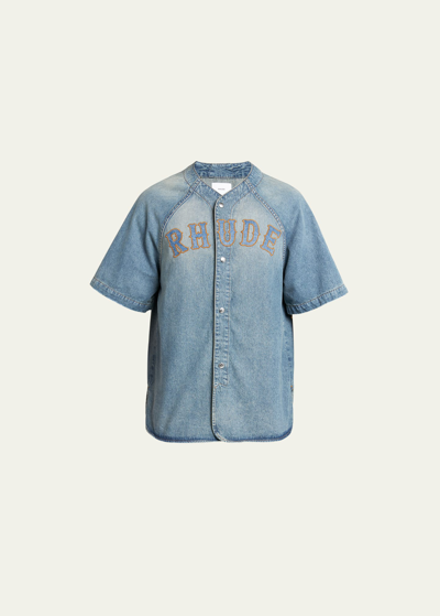 Shop Rhude Men's Denim Logo Baseball Shirt In Dark Indigo
