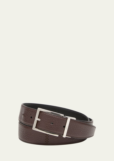 Shop Brioni Men's Grained Leather Reversible Belt, 35mm In Mahogony