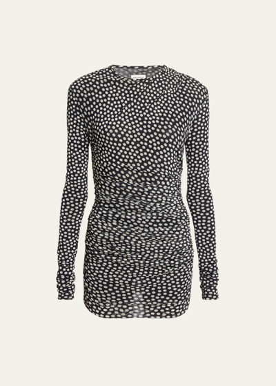Saint Laurent Polka-dot Ruched Tulle Minidress In Bone
