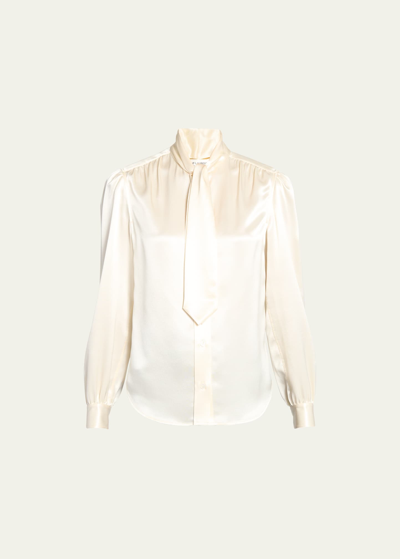 Shop Saint Laurent Scarf-neck Button Down Silk Blouse In Cream