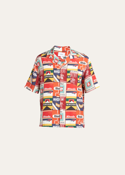 Shop Rhude Men's Patchwork Cigarette Camp Shirt In Red Multi