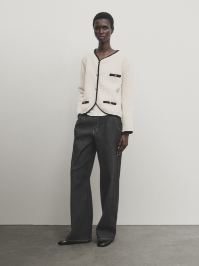 MASSIMO DUTTI CONTRAST TEXTURED KNIT CARDIGAN 