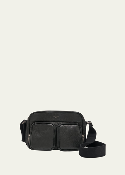 Shop Saint Laurent Men's New City Grained Leather Camera Bag In Nero