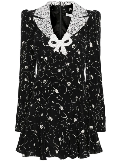 Shop Alessandra Rich Floral Print Silk Short Dress In Black