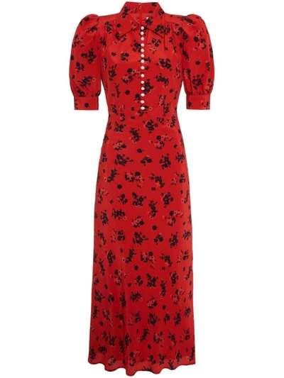 Shop Alessandra Rich Rose Print Silk Long Dress In Red