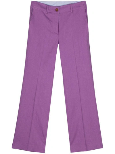 Shop Alysi Flared Linen Cropped Trousers In Purple