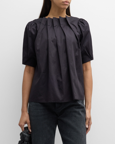 Shop Harshman Zaylee Pleated Woven Cotton Blouse In Black
