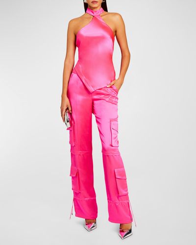 Shop Retroféte Mar Slim Satin Cargo Pants In Paradise Pink