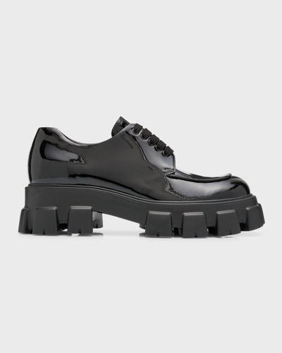 Shop Prada Men's Monolith Patent Lug-sole Derby Shoes In Nero